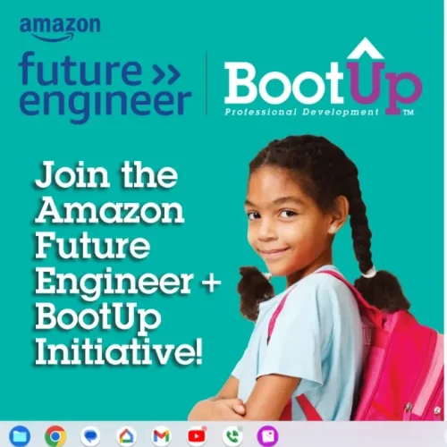 a girl with braids wearing a backpack. Representative of the Bootup PD and Amazon Future Engineer Comprehensive Coding curriculum for students across America - preK through 6th grade