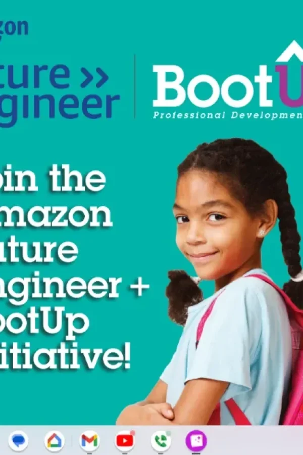 a girl with braids wearing a backpack. Representative of the Bootup PD and Amazon Future Engineer Comprehensive Coding curriculum for students across America - preK through 6th grade